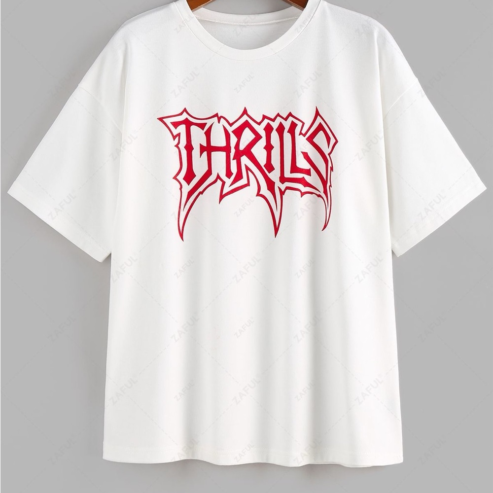 Zaful Thrills graphic drop shoulder White T Red Logo SZ:L UNISEX Super Soft EUC